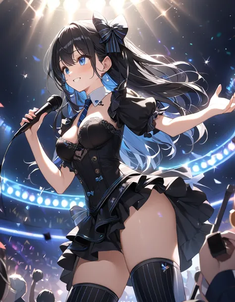 ((1girl)), (Best Quality, Very detailed, Ultra-high resolution), cute girl, Idol girl dancing at a concert venue、((from behind)), from below, ((hip focus)), (smile, Kind eyes, blue eyes, looking away), {medium breasts}, {black hair, semi long hair}, (fusio...