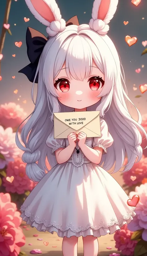 Cute anime-style chibi girl(red eyes,white rabbit ears, wearing pretty white dress embroidered with shiny white silk, luxuriously braided long white hair, big black hair bow) is holding out to viewer a cute envelope for love letter written “OWE YOU 3000 WI...