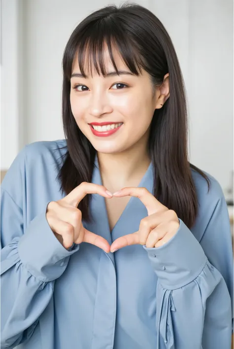 only one woman with a cute smile is in a pose wearing off-shoulder pajamas, making a firm big heart shape with both hands, and h...