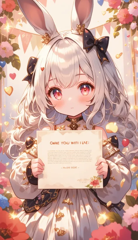 Cute anime-style chibi girl(red eyes,white rabbit ears, wearing pretty white dress embroidered with shiny white silk, luxuriously braided long white hair, big black hair bow) is holding out a cute letterhead written “OWE YOU WITH LOVE” to viewer.close up s...