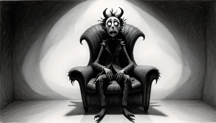 monochrome (pencil drawing). in tim burton's dreamlike vision, shadows become monsters: a person sits in a chair with a shadow t...