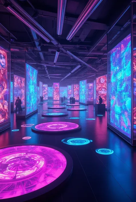 A futuristic indoor environment showcasing a Cyber World theme, featuring a Graphics Museum filled with vibrant holographic displays. The atmosphere is immersive, with glowing neon lights, interactive digital art installations, and a sleek, modern design. ...