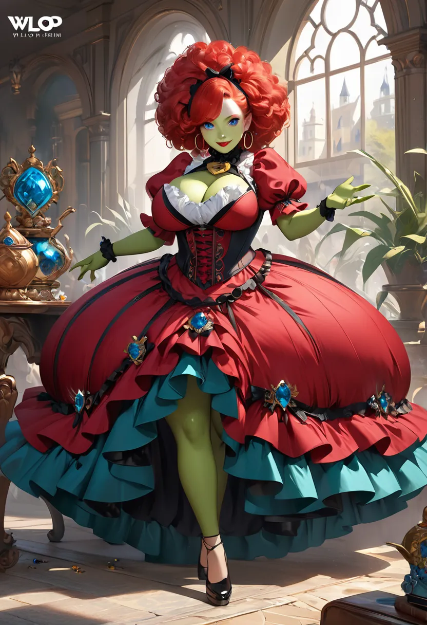 a beautiful dickensian high society goblin with dark red hair, green skin. large crystal blue eyes, beautiful thick eyebrows . r...