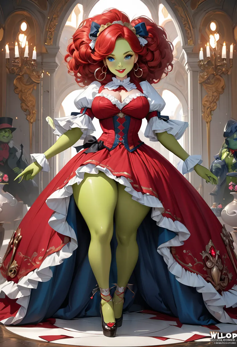 a beautiful dickensian high society goblin with dark red hair, green skin. large crystal blue eyes, beautiful thick eyebrows . r...