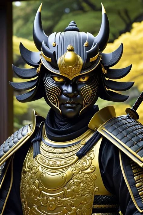 feline black, yellow eyed, background japan garden, black realistic samurai armor, Japan walls palace,  sf, intricate artwork masterpiece, ominous, matte painting movie poster, golden ratio, trending on cgsociety, intricate, epic, trending on artstation, b...