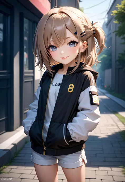 masterpiece, best quality, score_9, score_8_up, girl, petite, seductive smile, jacket, outdoor, hairclip,