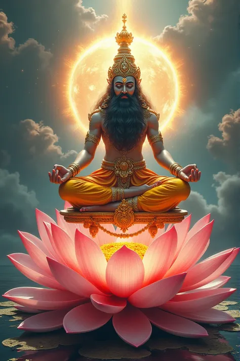 Create an image HD quality size 16.9,Brahma seated on a lotus flower emerging from Vishnu’s navel - Brahma with his four heads, contemplating creation.