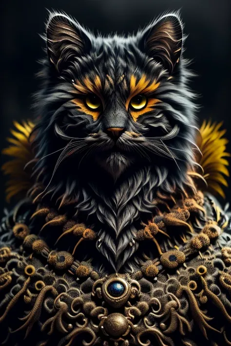 feline black, yellow eyed, background japan garden, black realistic samurai armor, japan walls palace,  sf, intricate artwork ma...