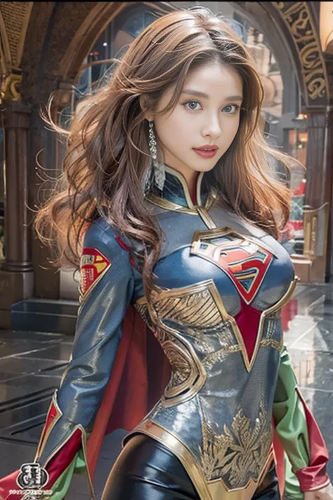 Best Quality, Realistic, photoRealistic, Portrait at the time of the award, ( intricate details: 1.2), (Subtle details), ( intricate details), (Cinematic Light),  1 Mature Woman , Well-groomed super medium hair ,  Supergirl,  bouncy breasts that are big an...