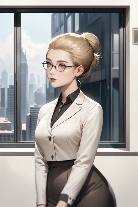 In a semi-realistic anime art style, a Caucasian woman with blonde hair tied back in a professional bun, wearing a feminine business outfit including a suit jacket with no tie, skirt, tights, and glasses, has a wistful look on her face while looking out a ...