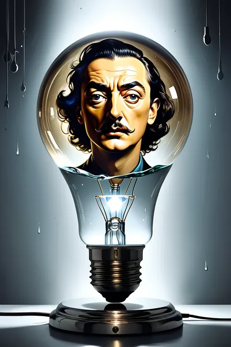 Digital painting in the style of Salvador Dali featuring a head encased in a deliberately spherical glass light bulb, antique aesthetics, centered amidst ethereal splashes, silver screw base anchored in the bottom right, diagonal filament extending with na...