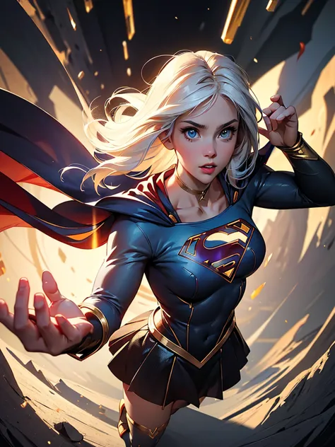 perfect face, perfect eyes, young white woman slim pale, white hair, black supergirl uniform, golden details, white cover, flyin...