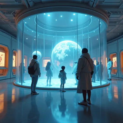 A sci-fi world, galactic museum with living humans on display and machines looking at them. The floor and walls are made of space. A holographic exhibit that gives a sense of the future, futuristic vibes. ((masterpiece, highest quality, High resolution, ph...