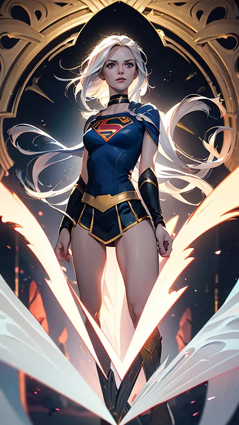 full body, perfect face, perfect eyes, young white woman slim pale, white hair, black supergirl uniform, golden details, white c...