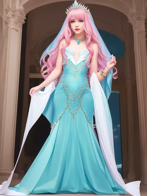 Solo, alone, male crossdressing wear long princess gown, male body, mature male, male face, male body, standing, background white, pink lips, blue mermaid, mermaid tail below waistline, scales mermaid tail,