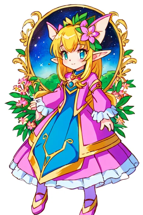 drawing of a cartoon character with flowers and a flower in her hair, elf girl wearing an flower suit, space flower fairy, glamo...