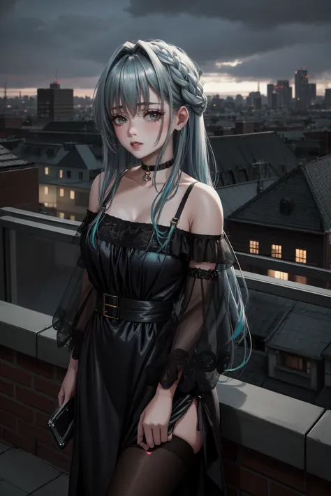 Highly detailed and realistic, soft lighting, cool tones. A girl with long, flowing hair (with a gradient of dark blue and teal) sways gently in the wind on a rooftop. Her hair, slightly tousled yet elegant, bathes in soft sunlight, with subtle reflections...