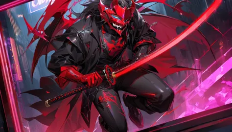 ” a male character wearing a black and red mask with a drawing of demon fangs,   engraved with the name     "  ketzuki jarewor's...