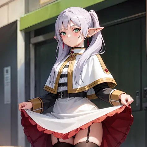  1 girl,  twin tails,  very long hair ,  silver hair,  pointed ears, Elf,  white capelet, green eyes,  Black Pantyhose ,  earrings for a woman alone, White Skirt, belt, White sleeves、((( skirt lift :1.2、Panty shot:1.3)))、Thighs、((Backwards、look back))