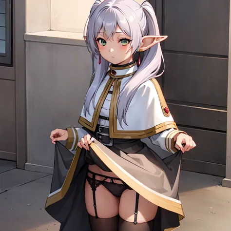  1 girl,  twin tails,  very long hair ,  silver hair,  pointed ears, Elf,  white capelet, green eyes,  Black Pantyhose ,  earrings for a woman alone, White Skirt, belt, White sleeves、((( skirt lift :1.2、Panty shot:1.3)))、Thighs、((Backwards、look back))