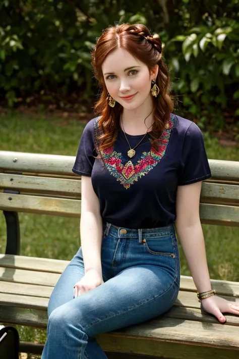 A cute twenty-year-old woman in a T-shirt and jeans, sitting on a bench, Christina Hendricks,  Beautiful Maid ,   portrait photography ,ruby,  Vanessa Ives , Smiling Hairstyle ,  wearing decorative earrings, Beauty, Batik, how much