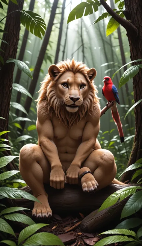 lion and fenix in a rain forest