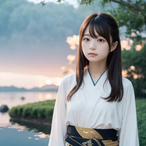 a beautiful japanese girl standing on the water , misty reflection,   a giant phoenix divine bird floating in the sky  , magic, ...