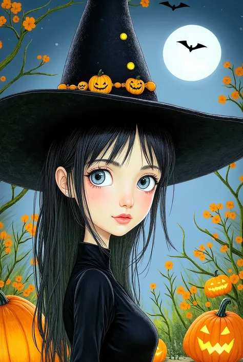 a witch girl, 1girl, beautiful detailed eyes, beautiful detailed lips, extremely detailed eyes and face, long eyelashes, anime style, dark moody lighting, dark magic, gothic, spooky, cobweb, full moon, pumpkins, bats, (best quality,4k,8k,highres,masterpiec...