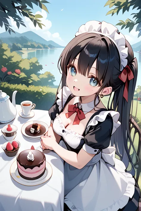 1 girl, black hair, long hair , maid clothes,afternoon tea,tea party,sweets,cake