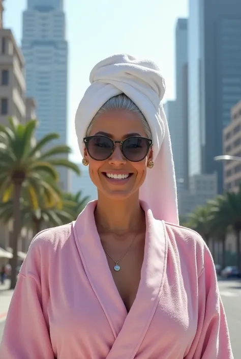 A beautiful youthful looking Hispanic version of Ariana Grande as a 50 years old woman with her completely gray hair covered in white towel on her head wearing sunglass wearing a pink bathrobe in a city downtown with many skyscraper nearby she is smiling f...