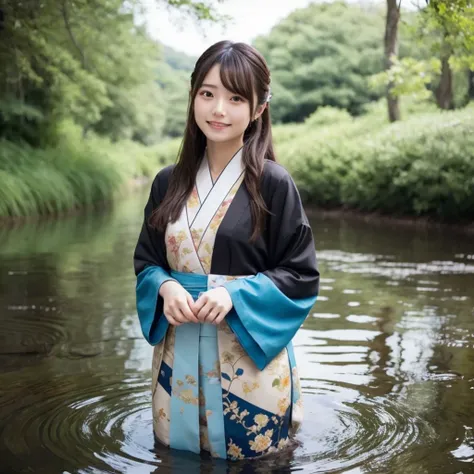 A beautiful Japanese girl standing on the water , Misty Reflection,  , magic,  fantasy , Composed of multicolored glowing flames , delicate face,  Delicate Eyes, Long black and golden hair,  wearing amber and sky blue Hanfu,   Delicate and Intricate Patter...