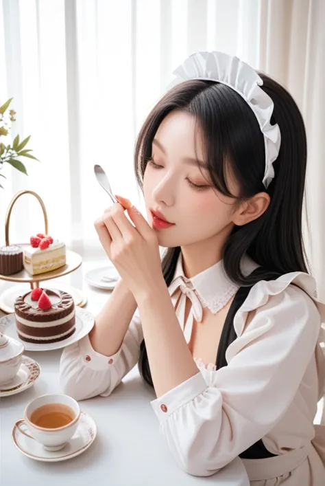 1 girl, black hair, long hair , maid clothes,afternoon tea,tea party,sweets,cake