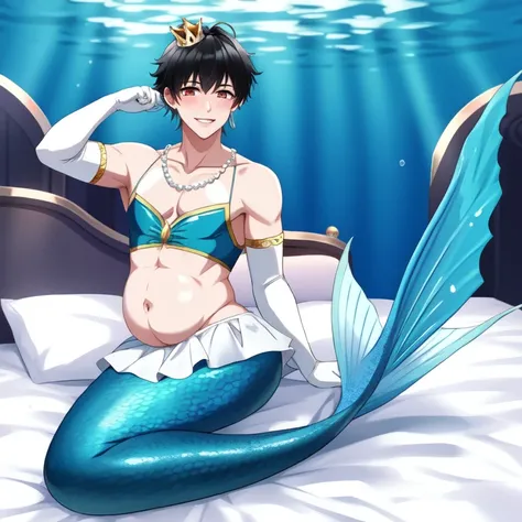 Merman, scales blue merman tail below waistline, short hair, male, red eyes, black hair, fin ears, underwater, smile, yellow blush, yellow eye shadow, earings, pearl necklace, pearl bracelate, full body, pregnant, sit on giant clam, sabrina tank top, crown...