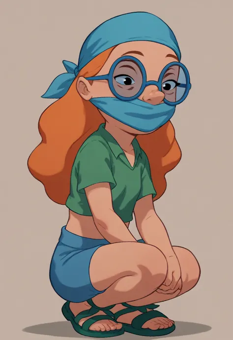 mertleedmondslsxl, girl,  girl, , , black eyes, orange hair, long hair, blue glasses, flat chest, green shirt, short sleeves, bl...