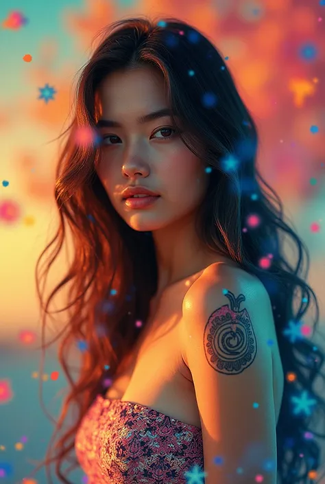 double exposure Background studio color batik art ertas wild life of a beautiful woman, long hair wearing a tube top with a kalaidoscope on the shoulder, random shape, style facing the front camera, surrounded by a kaleidoscope 