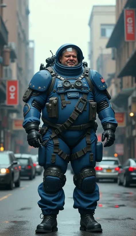 Solo, male, standing, street, hippo, blue military spacesuit, overweight, muscular, 2029