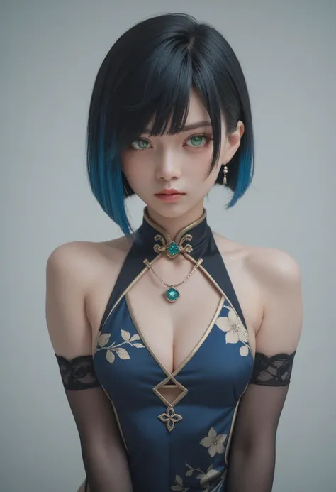 (yelan:0.5)Japanese,black hair, blue hair, eyebrows hidden by hair, green eyes, multicolored hair, short hair,small breasts,bare shoulders, black gloves, chinese clothes, cleavage, elbow gloves, jewelry, necklace,