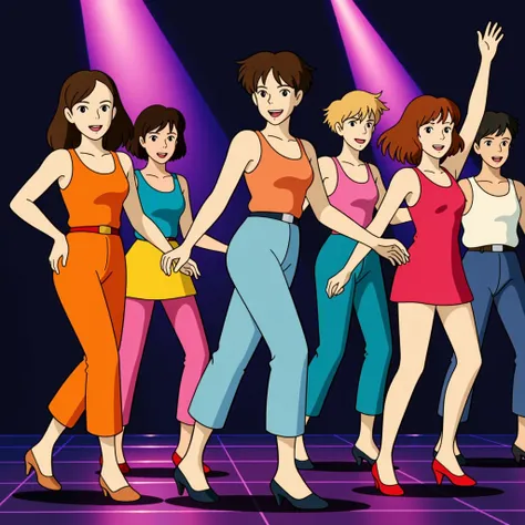 a group of 80’s anime-style s dancing on a disco dance floor, wearing vibrant outfits and sporting iconic hairstyles of the era....