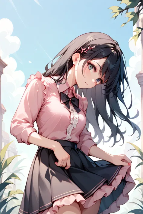 1 girl, black hair, long hair , pink shirt, black skirt, ruffled clothes