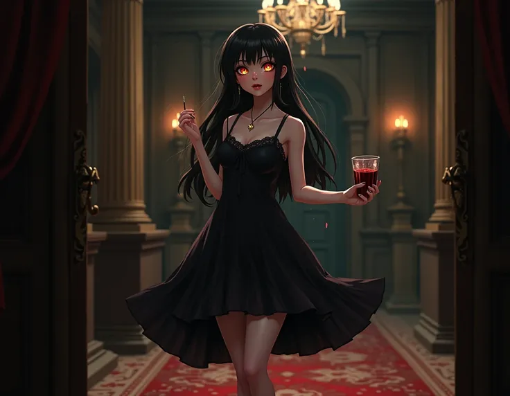 elementary school girl,  a single fang , pale,  thick blood-red lips ,  one eye Red and one yellow eye ,  black silk dress , barefoot, sexy look, blushing,  a cup of blood on one hand, in a castle,  that touch her body sunken,  but long picking up , firm b...