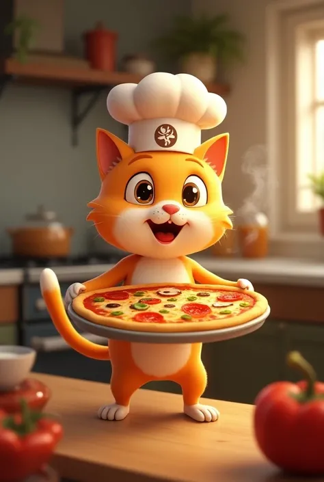 Animated cat carrying a pizza