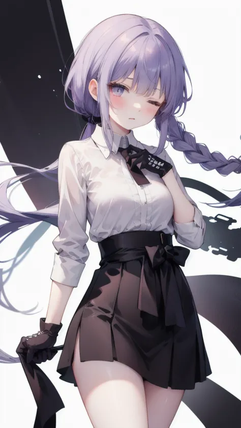 kyoko kirigi stands alone against a simple white background 。 her long purple hair is tied in a ponytail ， with braids on the si...