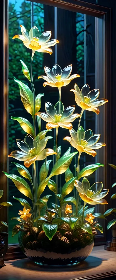 general shot, ((luminous glass flowers: 1.4, perfectly formed, in a ren's room various colors: 1.4)), at night: 1.3, ((perfect, ...