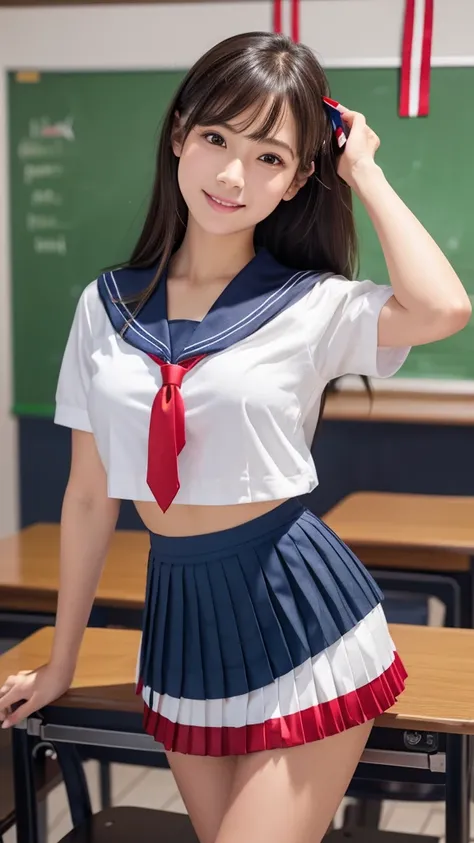 Beautiful 18 year old girl, like々 and cute Japanese woman ,(6.5 head and body),( cowboy shot),Afternoon break ,(High school classroom:1.3), white shirt ,((High school sailor uniform:1.5)),((Red ribbon tie :1.5)),Deep waistline,(( dark blue super short plea...