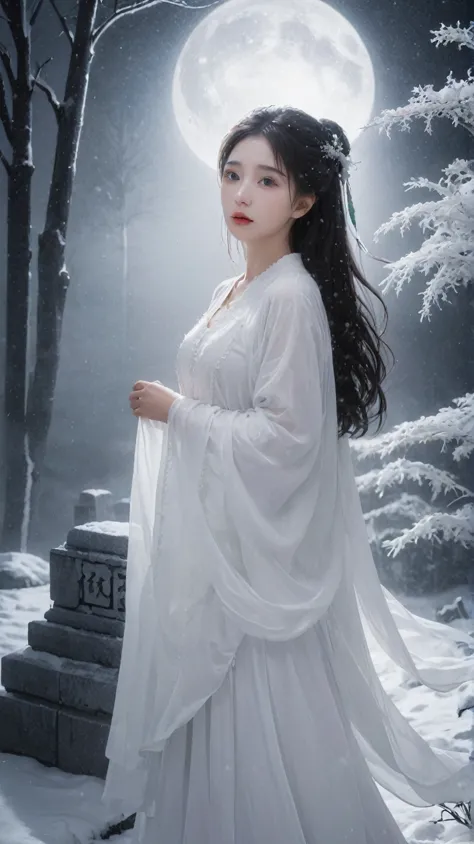 float in the graveyard at midnight 、 please draw a ghostly snow girl .。 to highlight her fair, clear skin and cold gaze、 add som...