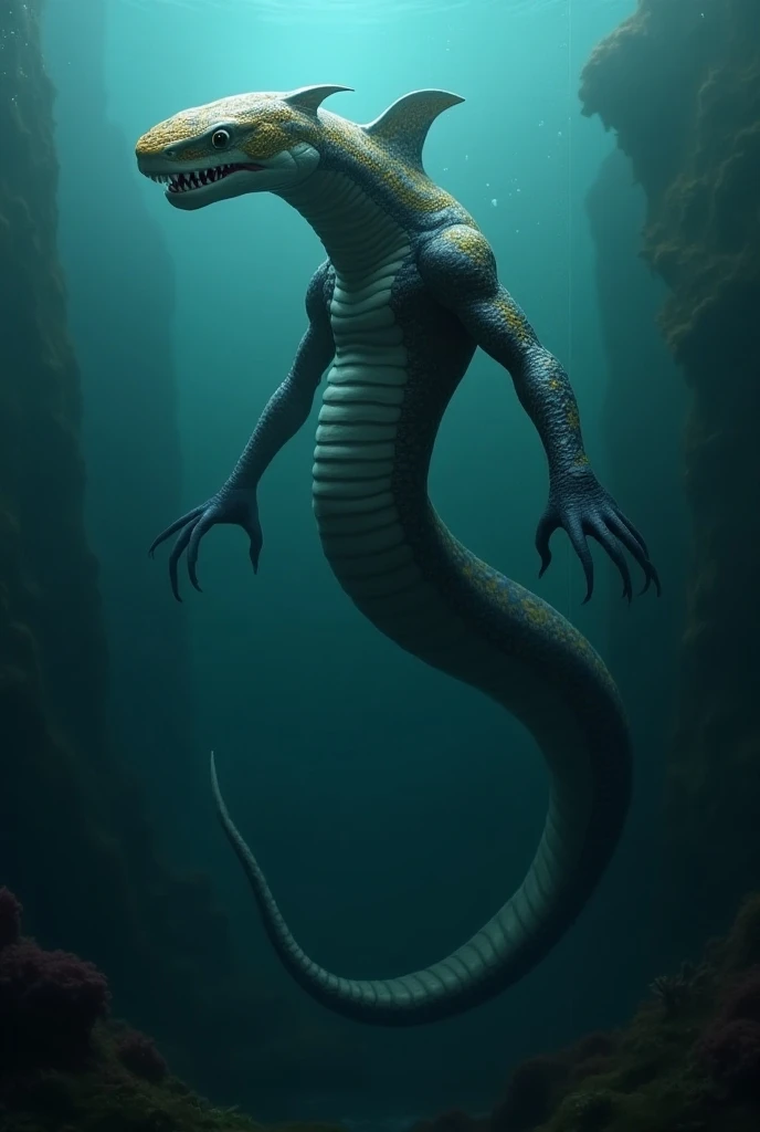 "Imagine a creature that combines the sleek, streamlined body of a shark with the elongated form of a giant snake. Its head features the sharp teeth and gills of a shark, while the body is covered in smooth, scaly skin that transitions into snake-like patt...