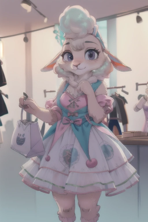 sheep girl, s,bellwether,zootopia, pink fur , light blue dress,the background is a clothing store