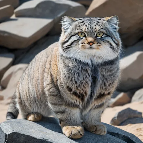 manul 20,   ansel adams style  ,    spectacular full body view of manul cat sitting on a group of rocks in a desert region in ce...