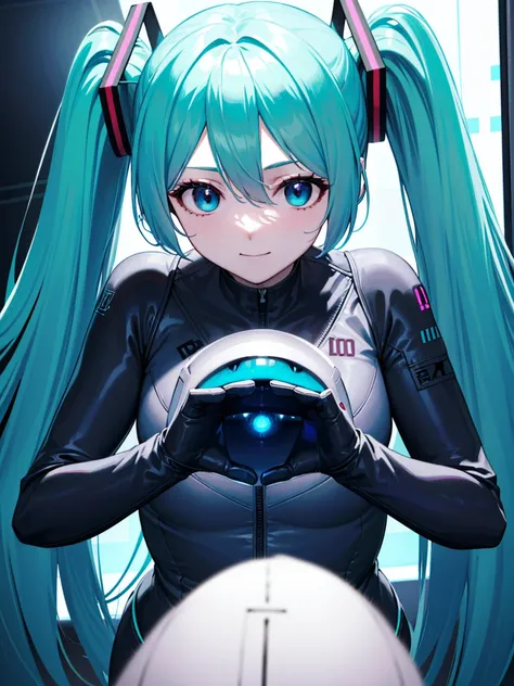 Sugar Angle,  Hatsune Miku, (hatune friend), Very cute,  hair between eyes,  headgear ,  interface headset , turquoise hair, (Very long twin tails), (頭部は Hatsune Miku),smile,( The bodysuit is turquoise and has an intricate plug suit design),  long sleeve, ...