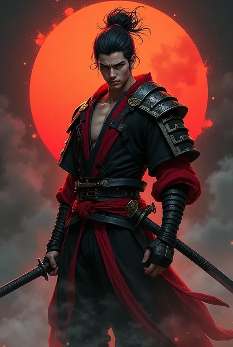 
"Create an illustration of a fierce samurai named Ryuji in a dynamic pose. He should have a fierce expression, wearing a traditional samurai armor with a modern twist, including a red and black color scheme. He holds a katana in one hand and makes a hand ...